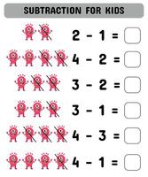 mathematisch Beispiele von Subtraktion mit süß Monster. druckbar Blatt zum Vorschulkinder. Vektor Illustration
