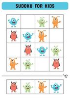 Sudoku zum Kinder mit Monster. Kinder Aktivität Blatt .Spaß Sudoku Puzzle mit süß Monster Illustration. Kinder lehrreich Aktivität Arbeitsblatt. vektor