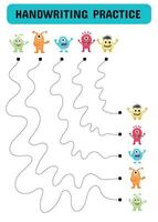 Handschrift trainieren Blatt mit Monster. Kinder- lehrreich Spiel. Zeichnung Linien zum Kinder und Kleinkinder. druckbar Blatt. Vektor Illustration.