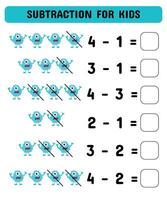 Subtraktion Spiel zum Kinder mit süß Monster. lehrreich Mathematik Spiel. druckbar Arbeitsblatt Design. Lernen Mathematik. vektor