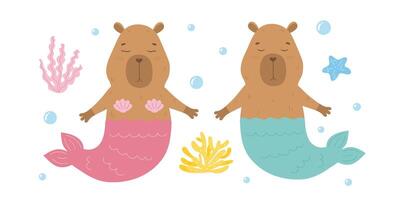 rolig capybara mermaids par under de hav vektor