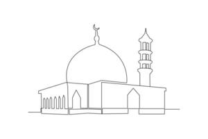 kontinuierlich einer Linie Zeichnung Kaba alharam und Moschee Konzept. Gekritzel Vektor Illustration.