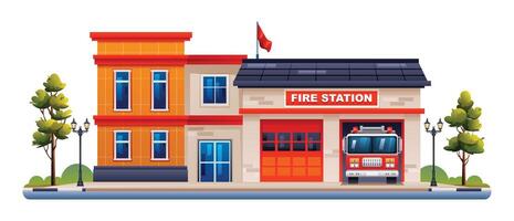 brand station byggnad med brand lastbil. brand avdelning kontor vektor illustration isolerat på vit bakgrund