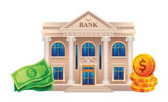 Bank Gebäude mit Banknoten und Münzen Illustration. Geld Ersparnisse Konzept. Vektor Bank isoliert auf Weiß Hintergrund