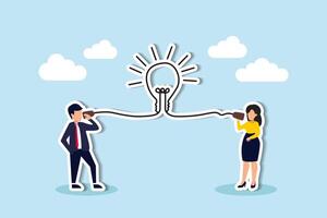 Wirksam Kommunikation, ein Schlüssel zum Geschäft Erfolg Brainstorming und diskutieren Ideen im Treffen Konzepte im Treffen Konzept, Clever Geschäftsmann sich unterhalten zu Kollege auf Telefon Linie mit die Glühbirne Symbol. vektor