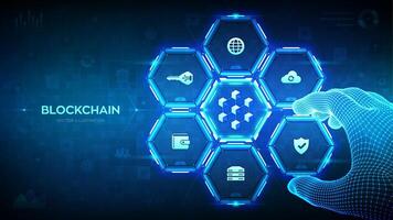 blockchain teknologi. decentraliserad nätverk. fintech kryptovaluta. information block i cyberrymden. trådmodell hand platser ett element in i en sammansättning visualisera blockera kedja. vektor illustration