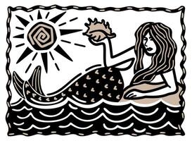 Meerjungfrau mit Muschel auf das Felsen im das Meer unter das Sonne. Brasilianer Schnur Stil. Holzschnitt Illustration vektor