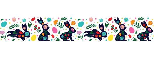 Lycklig påsk, dekorerad påsk kort, baner. kaniner, påsk ägg, blommor och korg. folk stil mönstrad design vektor