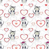 par i kärlek. söt katter med röd hjärtan sömlös textur mönster. vektor