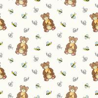 sömlös mönster av en söt brun Björn med en tunna av honung och liten bin. vektor illustration.