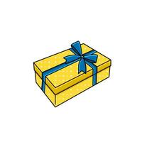 Vektor Gelb Geschenk Box mit Blau Satin- Band Geschenk Box auf Weiß Hintergrund Vektor Illustration