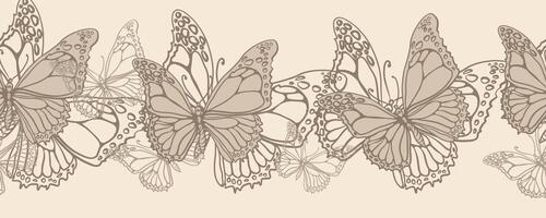 löv, fjärilar och blommor. ritad för hand grafik i beige nyanser. sömlös mönster för tyg och förpackning design. vektor