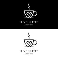 kaffe kopp med kärlek hjärta och arom rök för romantisk kaffe affär Kafé logotyp design vektor