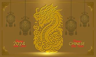 kinesisk ny år bakgrund dekorationer med drake och traditionell papper festival lyktor bakgrund. vektor