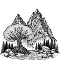 Hand gezeichnet Berg und Baum Färbung Buch Illustration. schwarz und Weiß Berg Gliederung Illustration vektor