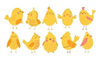 vektor Färg ritad för hand söt påsk uppsättning med kycklingar i platt stil på en vit bakgrund. påsk uppsättning