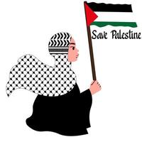 skön palestinsk kvinna klä på sig kaffeyah scarf och innehav palestina flagga med text spara palestina. platt design vektor. Stöd palestinsk på krig. vektor