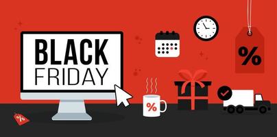 Black Friday Online-Shopping-Lieferung. Kostenloser Versand Lieferwagen flaches Vektorsymbol für Apps und Websites. Schwarzer Freitag-Konzept. vektor