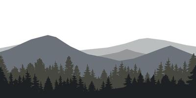 vektor illustration av panorama- landskap med mörk silhuetter av träd och bergen