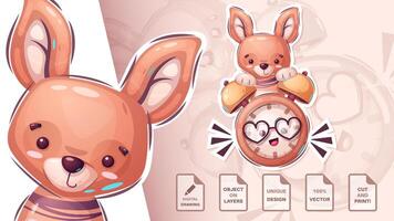 känguru och klocka tecknad serie tecken. söt amimal. klocka illustration för barn vektor