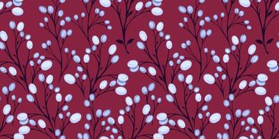 kreativ hell Blau Beeren Geäst mit Tropfen, Punkte, Flecken verflochten im ein nahtlos Muster. Vektor Hand gezeichnet skizzieren. das modisch stilisiert Blumen- auf ein Burgund Hintergrund. Vorlage zum Design