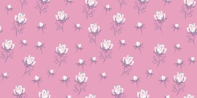 abstrakt stilisiert winzig Blumen Rosen und klein Knospen, Blätter Stengel nahtlos Muster. Vektor Hand gezeichnet. retro monoton Rosa süß Wiese Blumen- Hintergrund. Design Ornament zum Mode, Stoff, Textil-