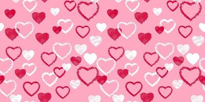 vibrerande rosa sömlös mönster med vektor hand dragen skiss hjärtan. skriva ut med texturerad hjärta silhuetter översikt. alla hjärtans dag, kärlek bakgrund. mall för textil, mode, skriva ut, yta design