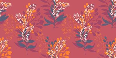 bunt nahtlos Muster mit Blumensträuße Geäst mit Formen Blätter und Flecken. Vektor Hand gezeichnet Illustration. einfach kreativ stilisiert Blumen- Stängel Drucken auf ein Orange Hintergrund.