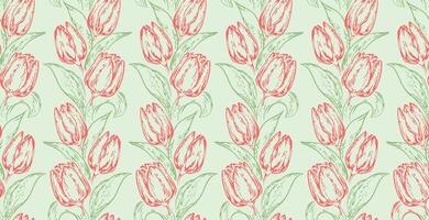 Blüten stilisiert Geäst Blätter mit Tulpen nahtlos Muster. Vektor gezeichnet Illustration rot Linien Umrisse Blumen und Grün Blatt.Jahrgang Frühling botanisch Drucken auf Licht Hintergrund.
