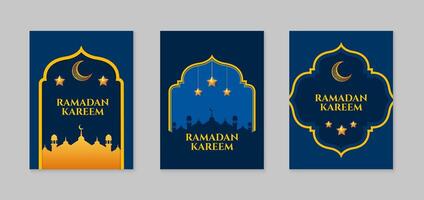 ramadan kareem. uppsättning av islamic ramadan hälsning kort mall med gyllene halvmåne måne, stjärnor och moskén. vektor illustration.