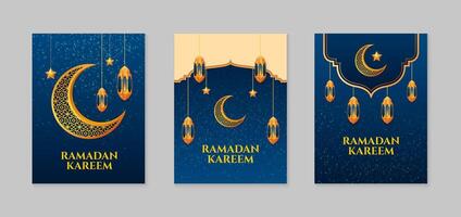 Ramadan karem. einstellen von islamisch Ramadan Gruß Karte Vorlage mit golden Halbmond Mond, Sterne und Moschee. Vektor Illustration.