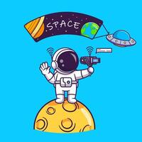 söt astronaut vlogging på Plats tecknad serie vektor ikon illustration. vetenskap teknologi ikon begrepp isolerat premie vektor. platt tecknad serie stil