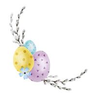 runda ram av färgrik påsk ägg och fitta vide grenar. eco dekoration. vattenfärg illustration. mall för helig påsk kort, täcker, posters och inbjudningar. vektor