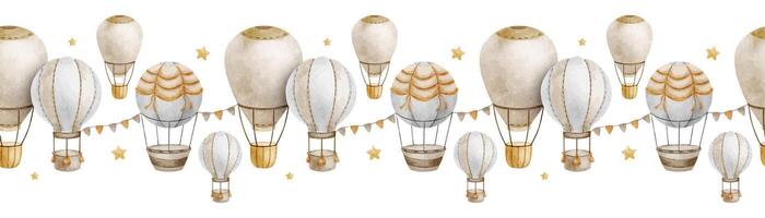 beige varm luft ballonger, flaggor och stjärnor. söt bebis sömlös gräns. barns bakgrund. vattenfärg ram. isolerat. design för barn varor, vykort, bebis dusch och barns rum vektor