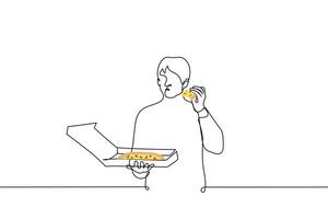 man står med en låda av pizza och äter en bit - ett linje teckning vektor. begrepp äter pizza ensam, pizza för ett vektor