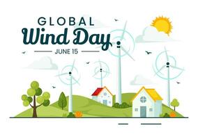 global Wind Tag Vektor Illustration auf Juni 15 mit Erde Globus und Winde Turbinen zum Leistung und Energie Systeme auf Blau Himmel im eben Karikatur Hintergrund