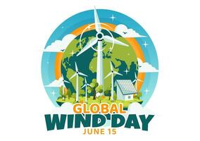 global Wind Tag Vektor Illustration auf Juni 15 mit Erde Globus und Winde Turbinen zum Leistung und Energie Systeme auf Blau Himmel im eben Karikatur Hintergrund