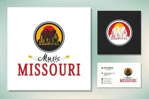 Kansas Stadt Missouri Wohnung Gebäude Horizont mit Gitarre Instrument zum Musik- fest Festival Fiesta Logo Design vektor