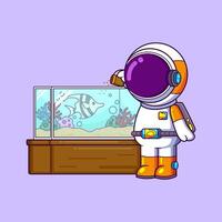 söt astronaut matning fisk i akvarium tecknad serie karaktär vektor