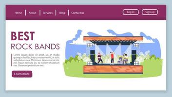 beste Rockbands Zielseiten-Vektorvorlage. Musiksommerfestival-Website-Schnittstellenidee mit flachen Illustrationen. Open-Air-Rockfest-Homepage-Layout. Sound-Party-Webbanner, Webseiten-Cartoon-Konzept vektor