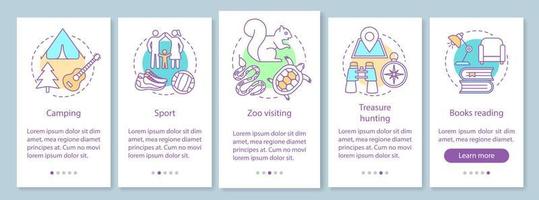 Familienzeit zusammen Onboarding mobiler App-Seitenbildschirm mit linearen Konzepten. Sport und Camping. Zoobesuch. fünf Schritt-für-Schritt-Grafikanweisungen. ux, ui, GUI-Vektorvorlage, Illustrationen vektor