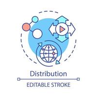 Symbol für das Verteilungskonzept. Postproduktionsidee dünne Linie Illustration. Massenverteilung. weltweiten Handelsservice. Marketing. Logistik. liefern. Vektor isolierte Umrisszeichnung. bearbeitbarer Strich