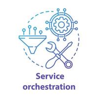 Symbol für das Konzept der Service-Orchestrierung. Softwareentwicklungsidee dünne Linie Abbildung. Programmierung und Codierung. Anwendungspflege und Optimierung. Vektor isolierte Umrisszeichnung