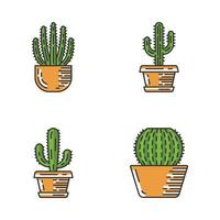 hus kaktusar i kruka färg ikoner set. mexikansk tropisk flora. orgelpipskaktus, saguaro, mexikansk jätte, fathus. isolerade vektorillustrationer vektor