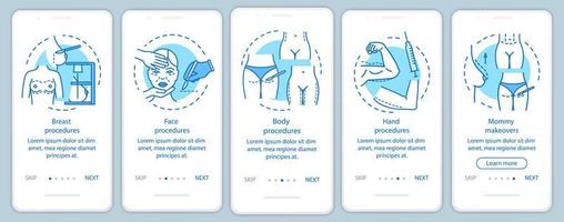 Verfahren des Zentrums für plastische Chirurgie beim Onboarding des Seitenbildschirms der mobilen App mit linearen Konzepten. fünf Schritt-für-Schritt-Grafikanweisungen. Körperverfahren. ux, ui, gui-Vektorvorlage mit Illustrationen vektor