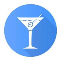 Martini blau flaches Design lange Schatten Glyphe Symbol. Fußglas mit Getränk und Olive. Cocktail mit Gin, Wermut. erfrischendes alkoholisches Getränk. Becher mit Mixgetränk. Vektor-Silhouette-Abbildung