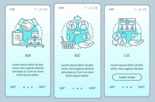 affärsmodeller onboarding mobil app sida skärm vektor mall. b2b, b2c, c2c. genomgång av webbplatssteg med linjära illustrationer. marknadsföringskampanj. ux, ui, gui smartphone gränssnitt koncept