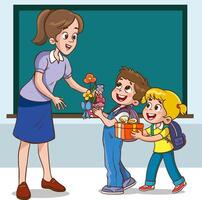 Kinder Schüler geben Strauß von Blumen zu ihr Lehrer, eben einfach Illustration zum glücklich Lehrer Tag. vektor