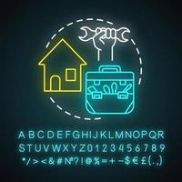 Handwerker-Service-Neonlicht-Konzept-Symbol. Idee für den Heimservice. Reparatur zu Hause. zerbrochene Fensterscheiben und elektrische Lampen reparieren. Hauswartung. leuchtendes Schild mit Alphabet und Symbolen. isolierte Vektorgrafik vektor