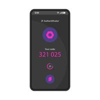 2f authenticator smartphone gränssnitt vektor mall. mobil säkerhetsapp sida svart design layout. multifaktorautentiseringsskärm. platt UI för applikation. tvåstegsverifiering. telefonens display